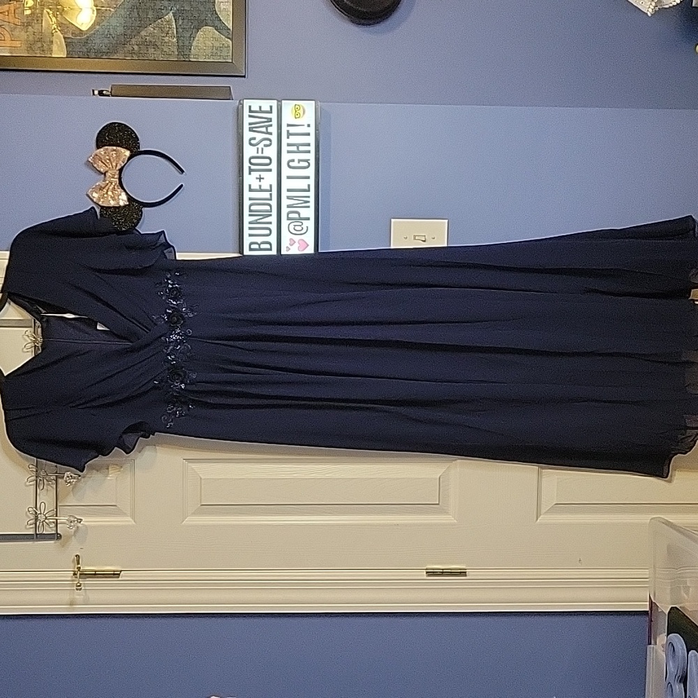 Ever Pretty Chiffon Dress A-Line Ruched Short Sleeve Navy Appliqué New 12